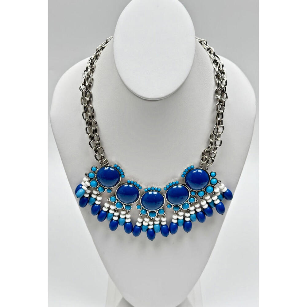 Blue Boho Statement Bib Necklace Cabochon Beads Fringe Silver Tone Festival